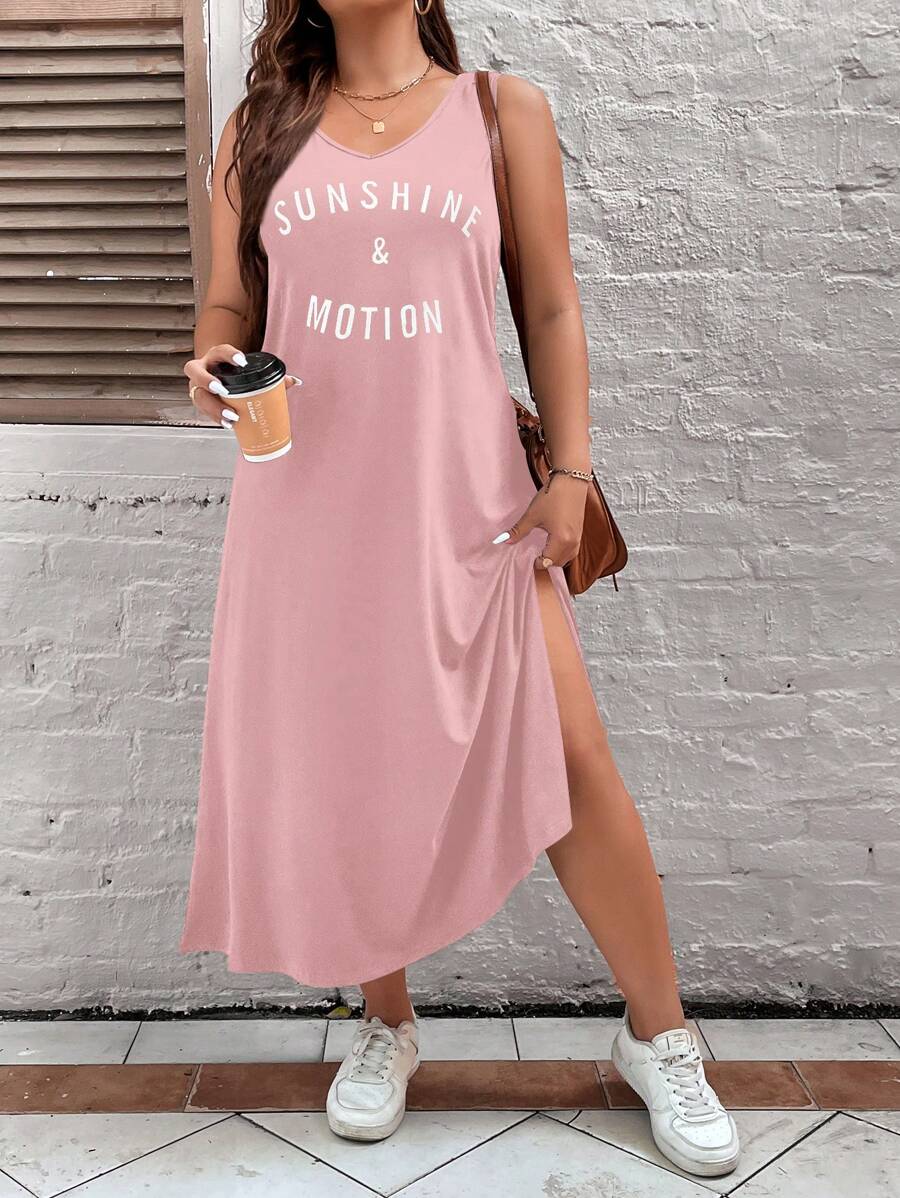 SHEIN LUNE Đầm Plus Size Chia Lá thư Giải trí - Hồng - Xem 1