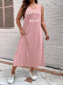 SHEIN LUNE Đầm Plus Size Chia Lá thư Giải trí - Hồng - Xem 3