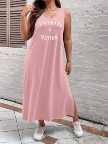 SHEIN LUNE Đầm Plus Size Chia Lá thư Giải trí - Hồng - Xem 5