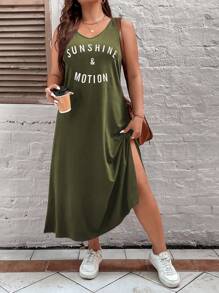 SHEIN LUNE Plus Letter Graphic Split Thigh Tank Dress - Army Green - View 1