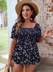 SHEIN Clasi 大碼印花泡泡袖荷葉邊下擺襯衫 - 藏蓝色 - 查看 1