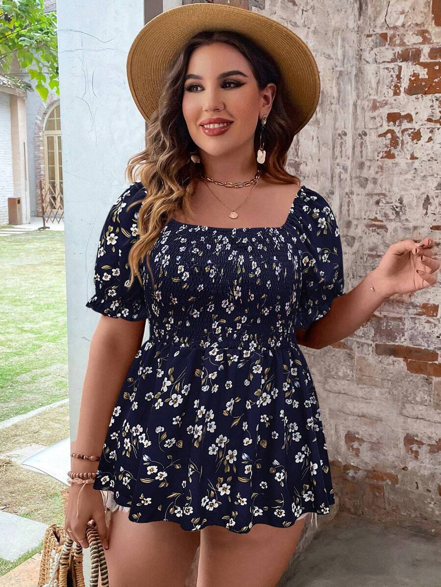 SHEIN Clasi 大碼印花泡泡袖荷葉邊下擺襯衫 - 藏蓝色 - 查看 1