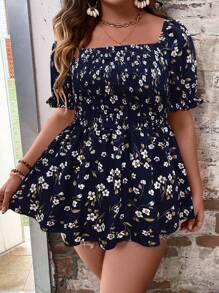 SHEIN Clasi 大碼印花泡泡袖荷葉邊下擺襯衫 - 藏蓝色 - 查看 4