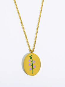 Flower Detail Oval Charm Necklace - Yellow Gold - View 2
