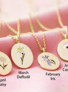 Flower Detail Oval Charm Necklace - Yellow Gold - View 3