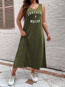 SHEIN LUNE Plus Letter Graphic Split Thigh Tank Dress - Army Green - View 3