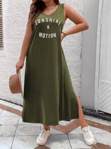 SHEIN LUNE Plus Letter Graphic Split Thigh Tank Dress - Army Green - View 4