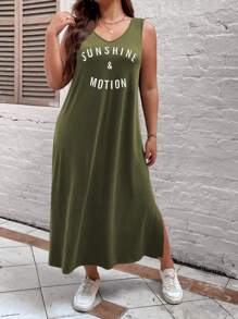 SHEIN LUNE Plus Letter Graphic Split Thigh Tank Dress - Army Green - View 5