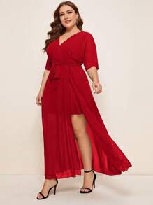 SHEIN Belle Hơn Surplice cổ Thắt lưng Bọc Váy phù dâu - Đỏ - Xem 1