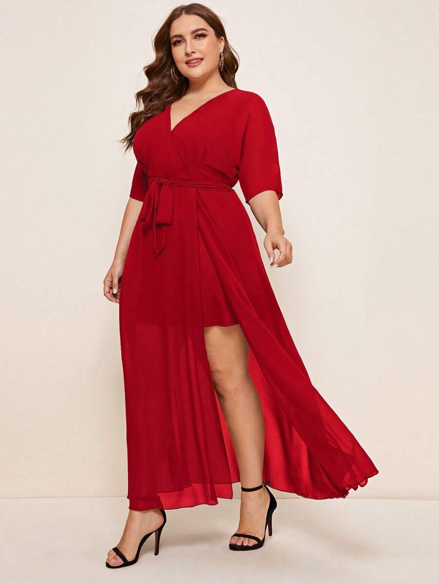 SHEIN Belle Hơn Surplice cổ Thắt lưng Bọc Váy phù dâu - Đỏ - Xem 1