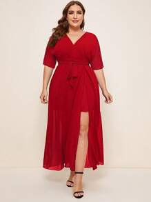 SHEIN Belle Hơn Surplice cổ Thắt lưng Bọc Váy phù dâu - Đỏ - Xem 3