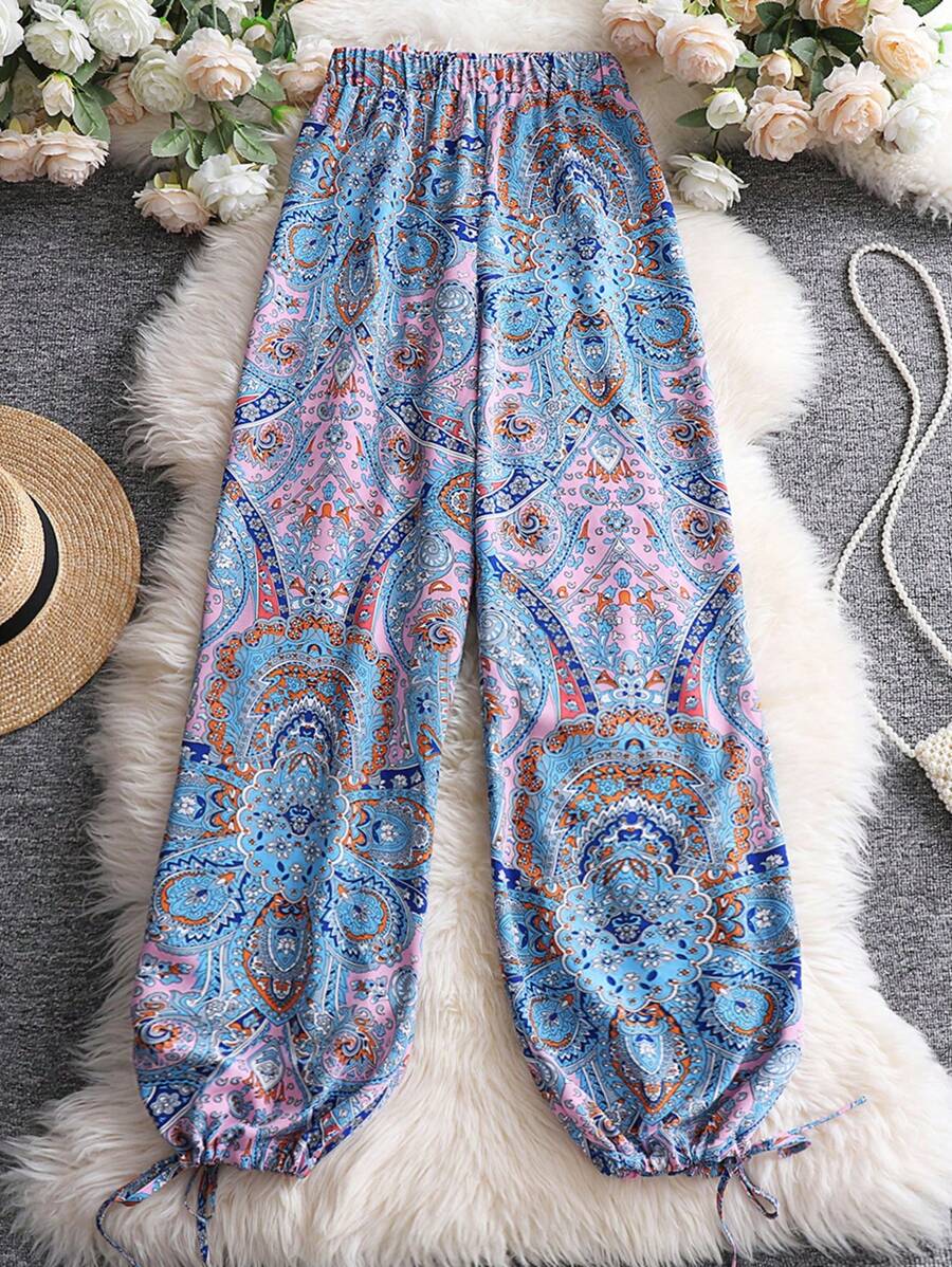 SHEIN Clasi 大碼佩斯利印花抽繩下擺長褲 - 彩色 - 查看 1