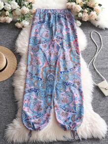 SHEIN Clasi 大碼佩斯利印花抽繩下擺長褲 - 彩色 - 查看 2