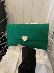Crocodile Embossed Envelope Bag Metal Heart Decor - Green - View 1