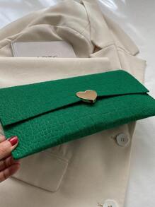 Crocodile Embossed Envelope Bag Metal Heart Decor - Green - View 5