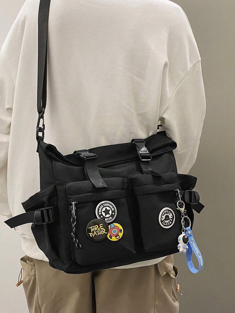 Men's Versatile Solid Color Chest Bag With Zipper Decor - Black - View 1