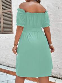 SHEIN Holidaya Đầm Plus Size Thắt lưng viền lá sen màu trơn Boho - màu xanh lá - Xem 2