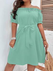 SHEIN Holidaya Đầm Plus Size Thắt lưng viền lá sen màu trơn Boho - màu xanh lá - Xem 3