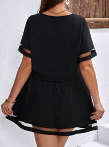 SHEIN Clasi Bộ thời trang Plus Size Tương phản Mesh Thắt nút màu trơn Giải trí - màu đen - Xem 2