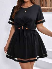 SHEIN Clasi Bộ thời trang Plus Size Tương phản Mesh Thắt nút màu trơn Giải trí - màu đen - Xem 3