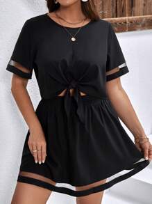 SHEIN Clasi Bộ thời trang Plus Size Tương phản Mesh Thắt nút màu trơn Giải trí - màu đen - Xem 4