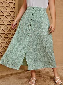 SHEIN LUNE 大碼小碎花前紐扣半身裙 - 綠色 - 查看 4