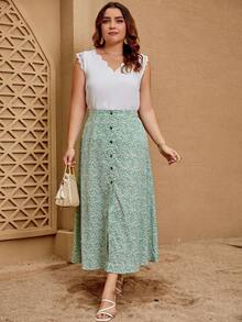 SHEIN LUNE 大碼小碎花前紐扣半身裙 - 綠色 - 查看 5