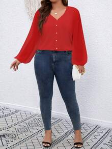 SHEIN Clasi 大碼燈籠袖前紐扣襯衫