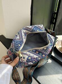 Vintage Geometric Pattern Square Bag Medium Zipper Fashionable - Blue - View 4