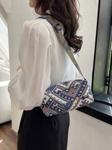 Vintage Geometric Pattern Square Bag Medium Zipper Fashionable - Blue - View 6