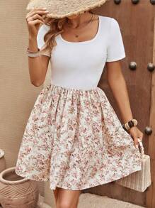 SHEIN LUNE Floral Print Scoop Neck Dress - White - View 1