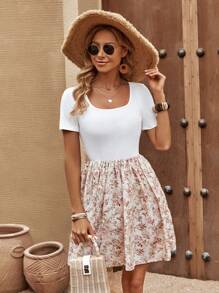 SHEIN LUNE Floral Print Scoop Neck Dress - White - View 4