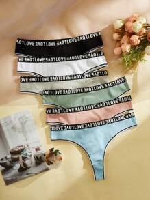 Plus 6pack Letter Tape Waist Contrast Binding Panty Set - Multicolor - View 1