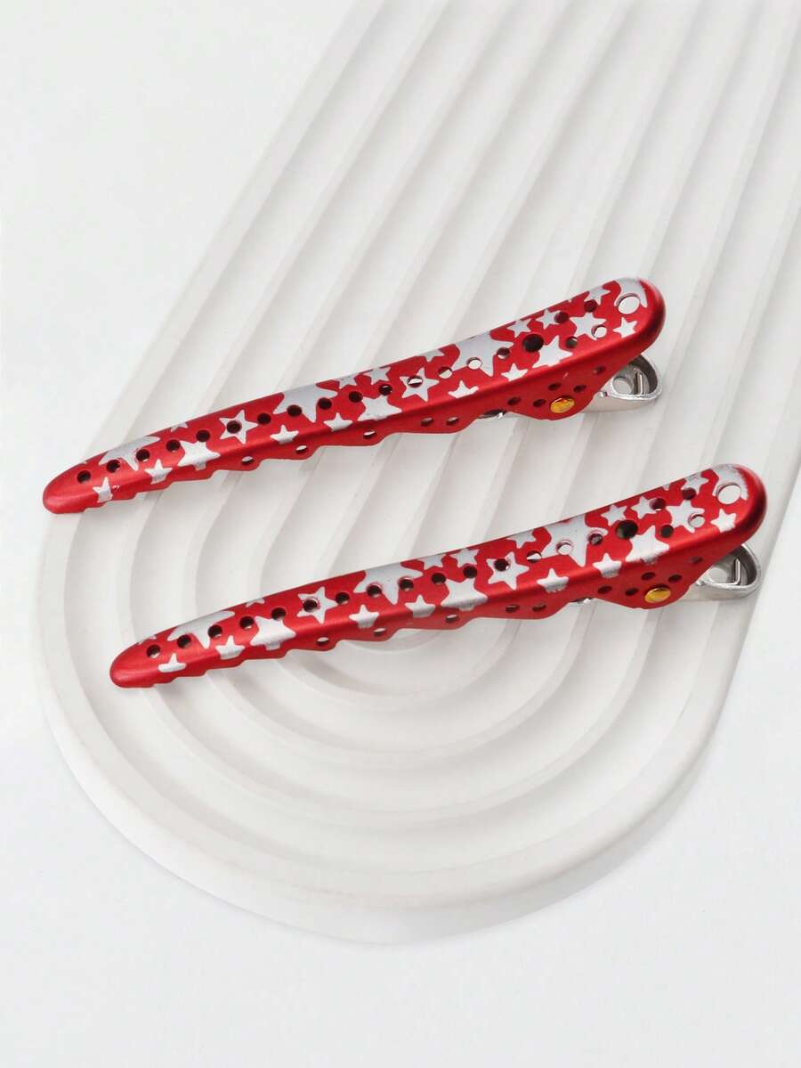 2pcs Star Print Hair Clip - Red - View 1