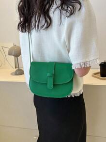 迷你素色馬鞍包，時尚斜挎翻蓋包，搭扣裝飾單肩包，適合工作 - 綠色 - 查看 4