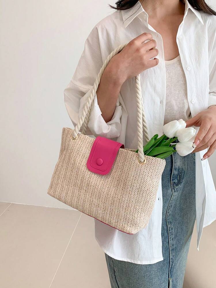 Sac en paille à bouton à double poignée vacances - Rose vif - Voir 5