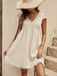 SHEIN VCAY 小絨球邊素色娃娃裙 - 杏色 - 查看 1