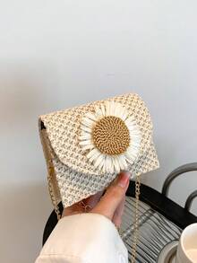 迷你小轉鎖草編袋,女士鏈帶斜揹包,時尚編織蓋蓋錢包 - 白色 - 查看 1