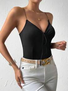 SHEIN Privé 交叉露背吊帶連體衣 - 黑色 - 查看 5