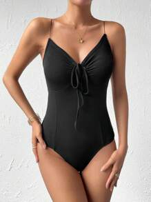 SHEIN Privé 交叉露背吊帶連體衣 - 黑色 - 查看 6