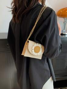 迷你小轉鎖草編袋,女士鏈帶斜揹包,時尚編織蓋蓋錢包 - 白色 - 查看 7