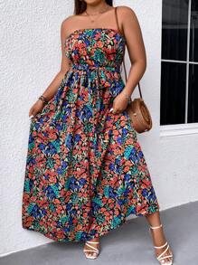 SHEIN Clasi Đầm Plus Size Thắt lưng Hoa Tất cả trên in Boho - Nhiều màu - Xem 1