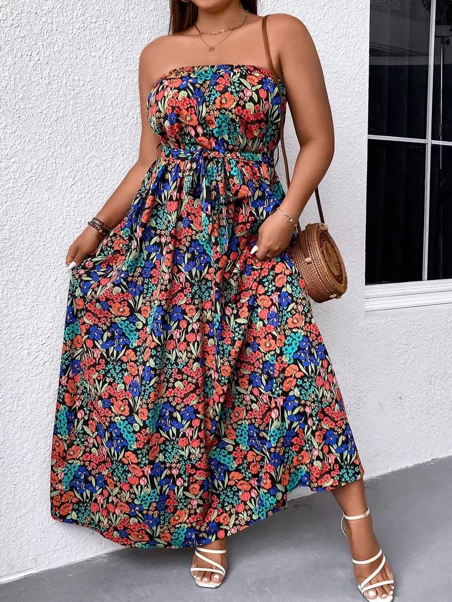 SHEIN Clasi Đầm Plus Size Thắt lưng Hoa Tất cả trên in Boho - Nhiều màu - Xem 1