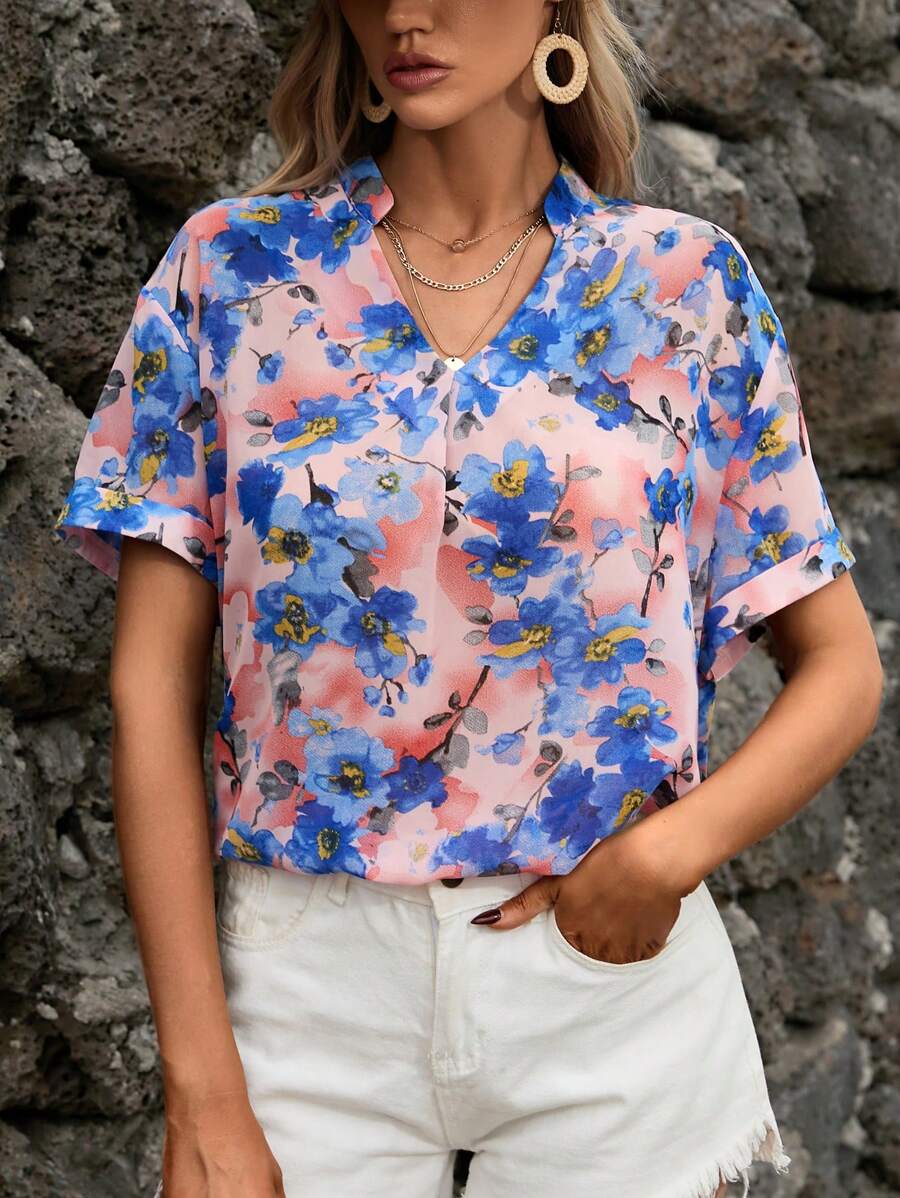 SHEIN VCAY Áo sơ mi nữ Uốn nếp Hoa Tất cả trên in Boho - Nhiều màu - Xem 1