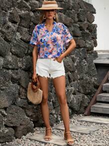 SHEIN VCAY Áo sơ mi nữ Uốn nếp Hoa Tất cả trên in Boho - Nhiều màu - Xem 5