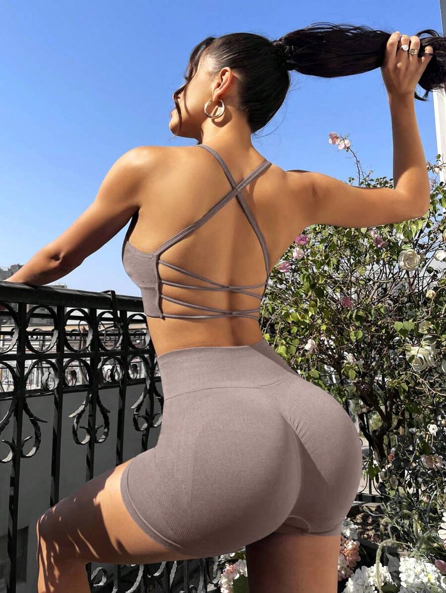 Easithlete Bộ đồ tập luyện thể thao hở lưng Criss Cross & quần short biker cho nữ - Cà phê nâu - Xem 1