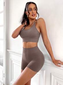 Easithlete Bộ đồ tập luyện thể thao hở lưng Criss Cross & quần short biker cho nữ - Cà phê nâu - Xem 4
