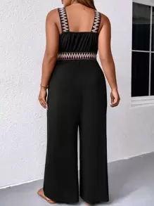 Breezaya Plus Contrast Tape Crisscross Front Wide Leg Jumpsuit - Black - View 2