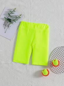SHEIN Girls Neon Lime Elastic Waist Biker Shorts - Lime Green - View 1