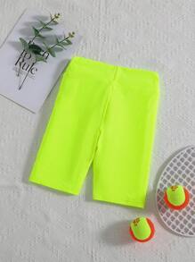 SHEIN Girls Neon Lime Elastic Waist Biker Shorts - Lime Green - View 2